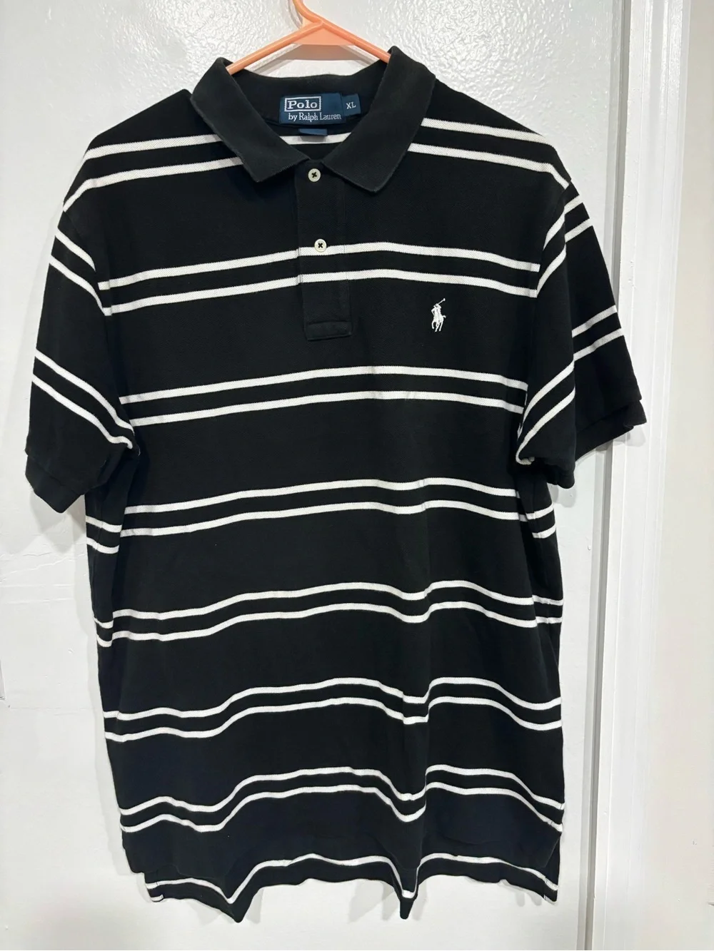 Polo by Ralph Lauren Black & White Striped Cotton Polo Shirt Xl